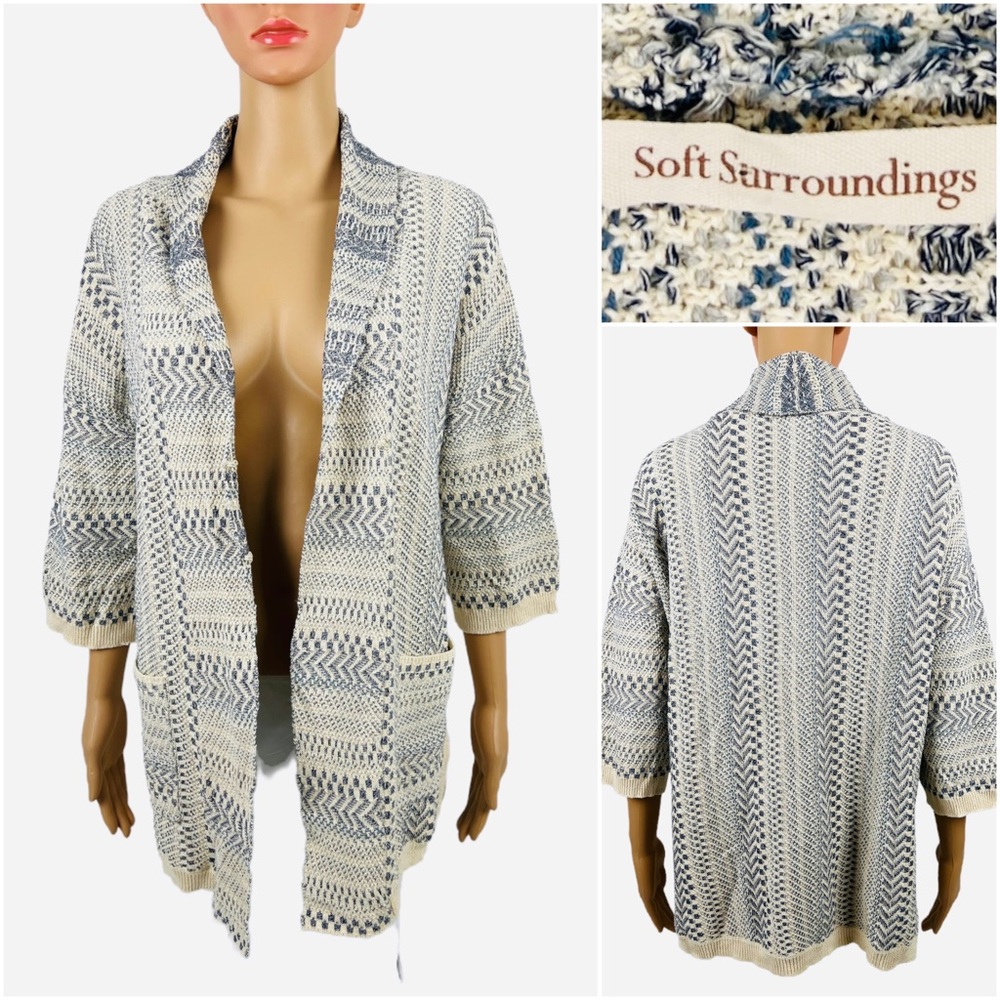 Soft Surroundings Womens Medium Cardigan Sweater Beige Gray Cotton Kimono EUC